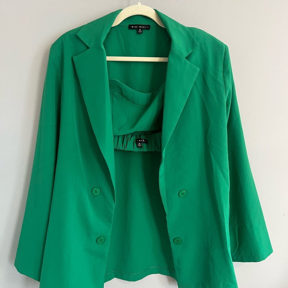 Blue Blush Green Blazer Crop Top Set
